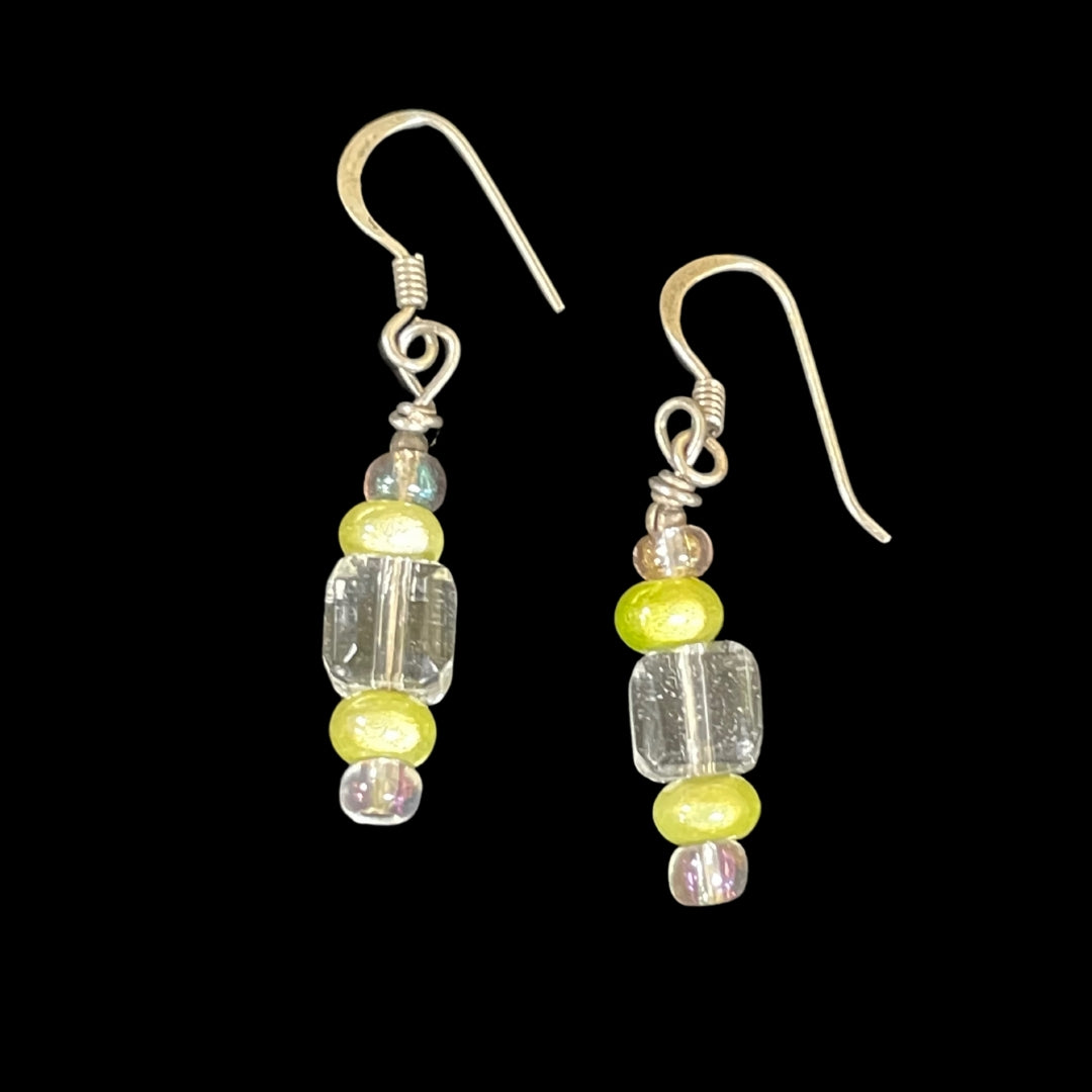 Handcrafted Vintage & Crystal Bead Earrings Rectangular Clear with Yellow