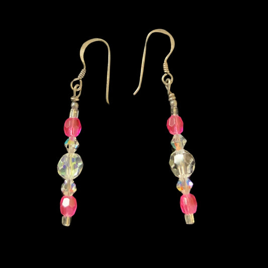 Handcrafted Vintage & Crystal Bead Earrings Clear with Pink