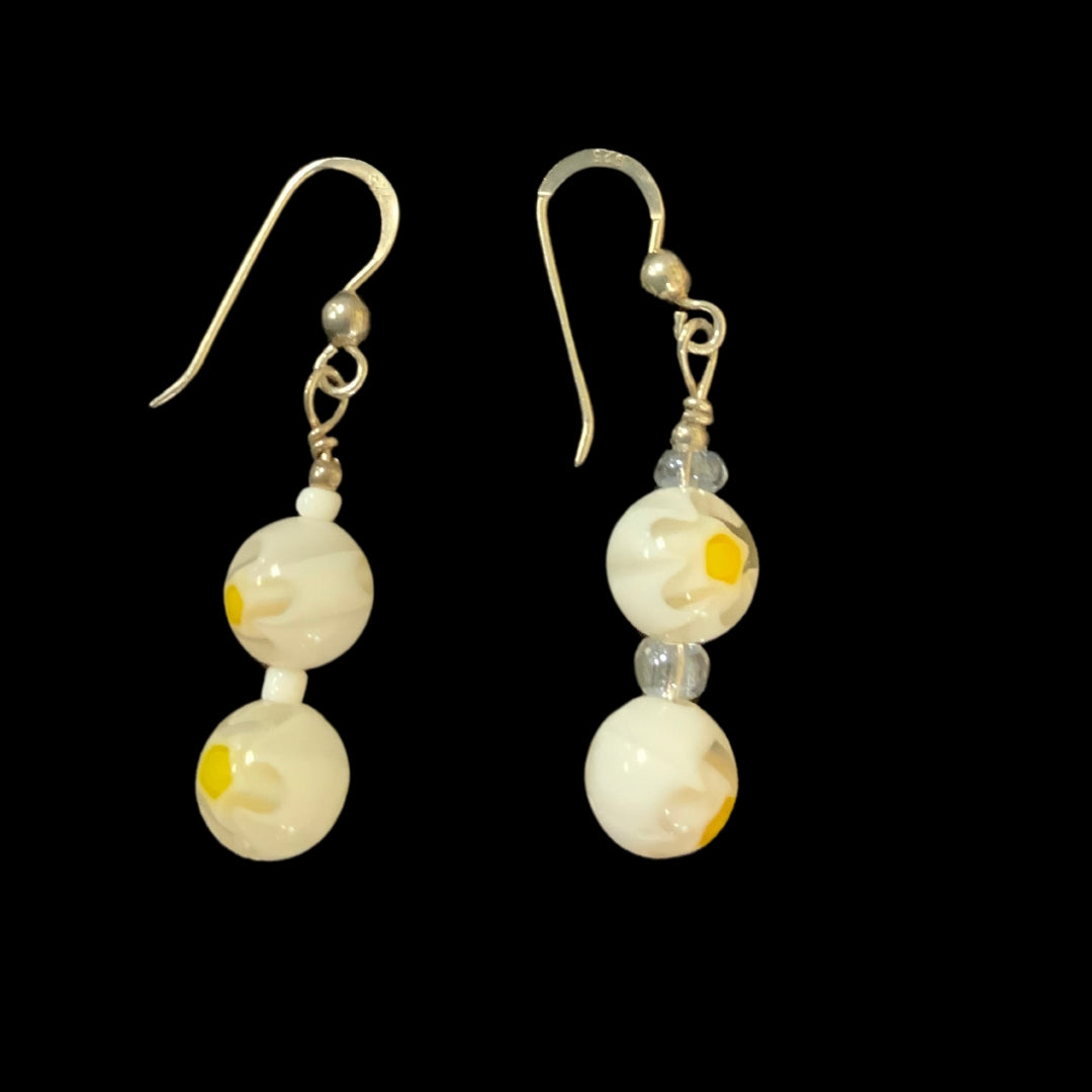 Handcrafted Vintage & Crystal Bead Earrings White with Yellow Balls