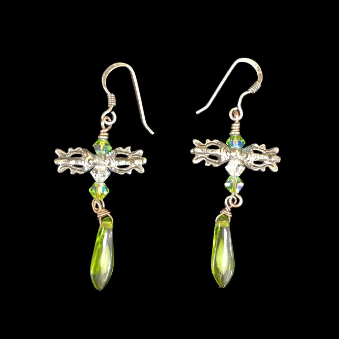 Handmade Vintage & Crystal Bead Earrings Green