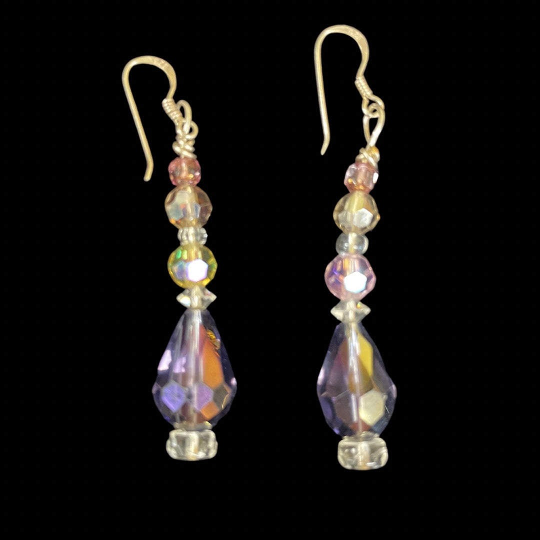 Handmade Vintage & Crystal  Bead Earrings Purple with Clear & Pink