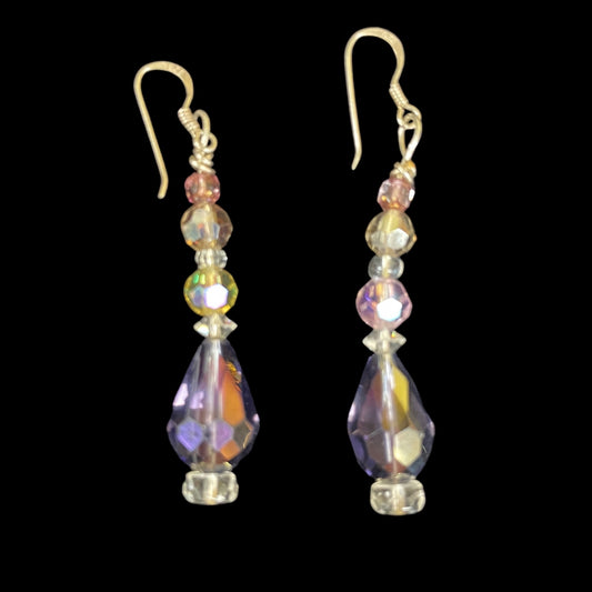 Handmade Vintage & Crystal  Bead Earrings Purple with Clear & Pink