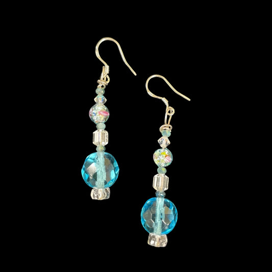 Handmade Vintage & Crystal Bead Earrings Turquoise Balls with Clear